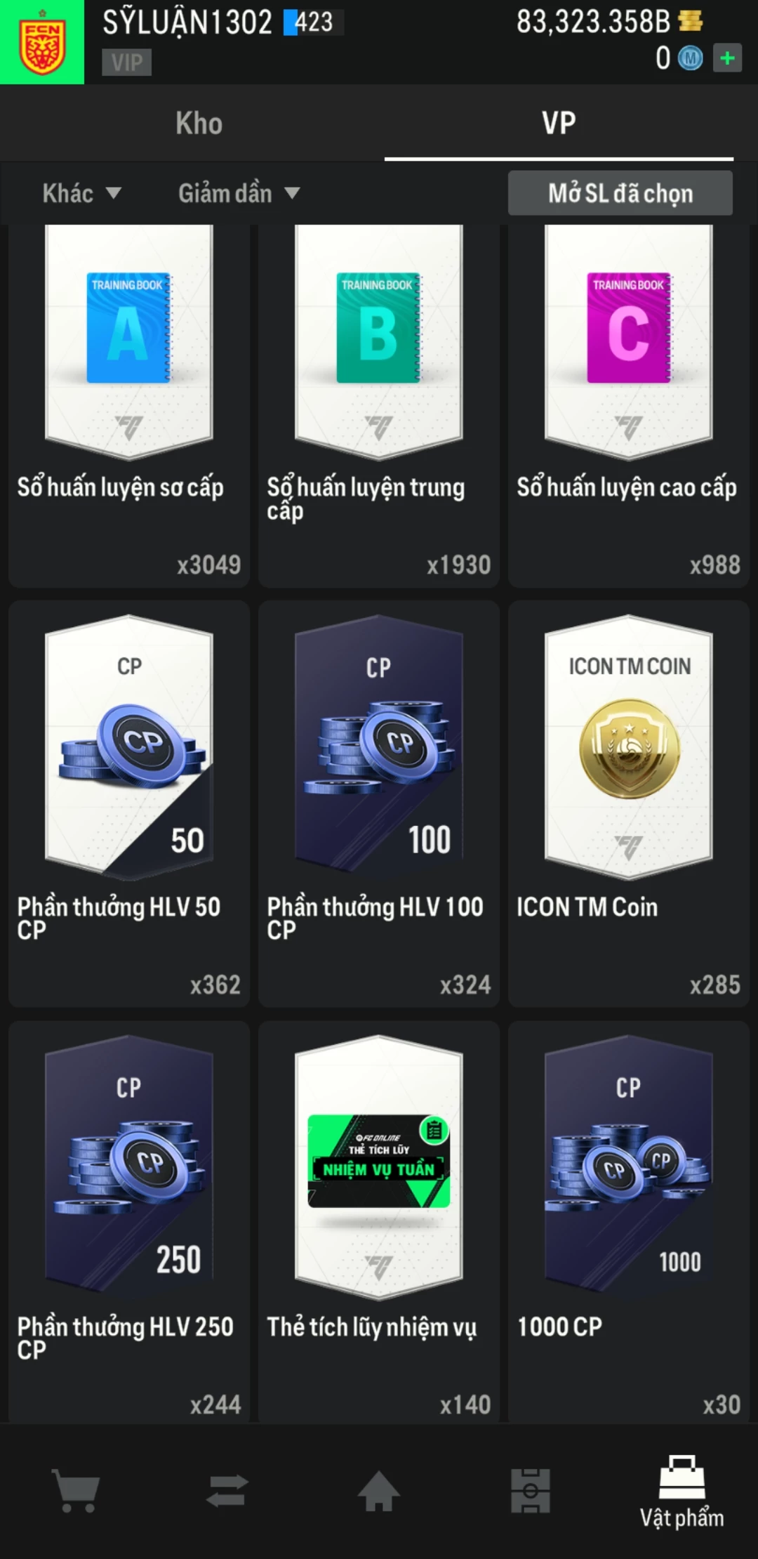 Ảnh ACC mở thẻ (LOẠI SVIP PROMAX) bao gồm có 01 thẻ +12, 03 thẻ PRIME (QH+, CP+, XS+) và hơn 1600+ đến 3500+ thẻ cầu thủ từ Siêu sao đến Miền núi các loại. Acc có sẵn BP trắng từ 55.000 tỷ BP đến 90.000 tỷ BP